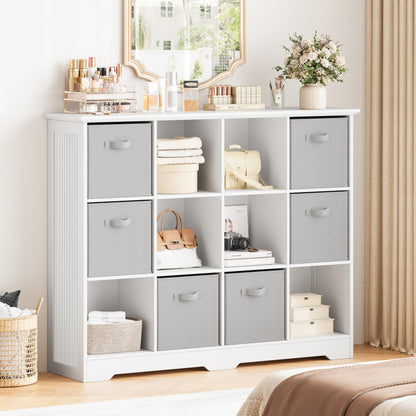 METOTI 12 Cube Storage Organizer Shelf, Wood Cubby Storage with 6 Fabric Drawers, 3 Tier Wooden Bookshelf with 2 Adjustable Shelves & Fluted Side Panels for Bedroom, Living Room, Home Office, Whtie