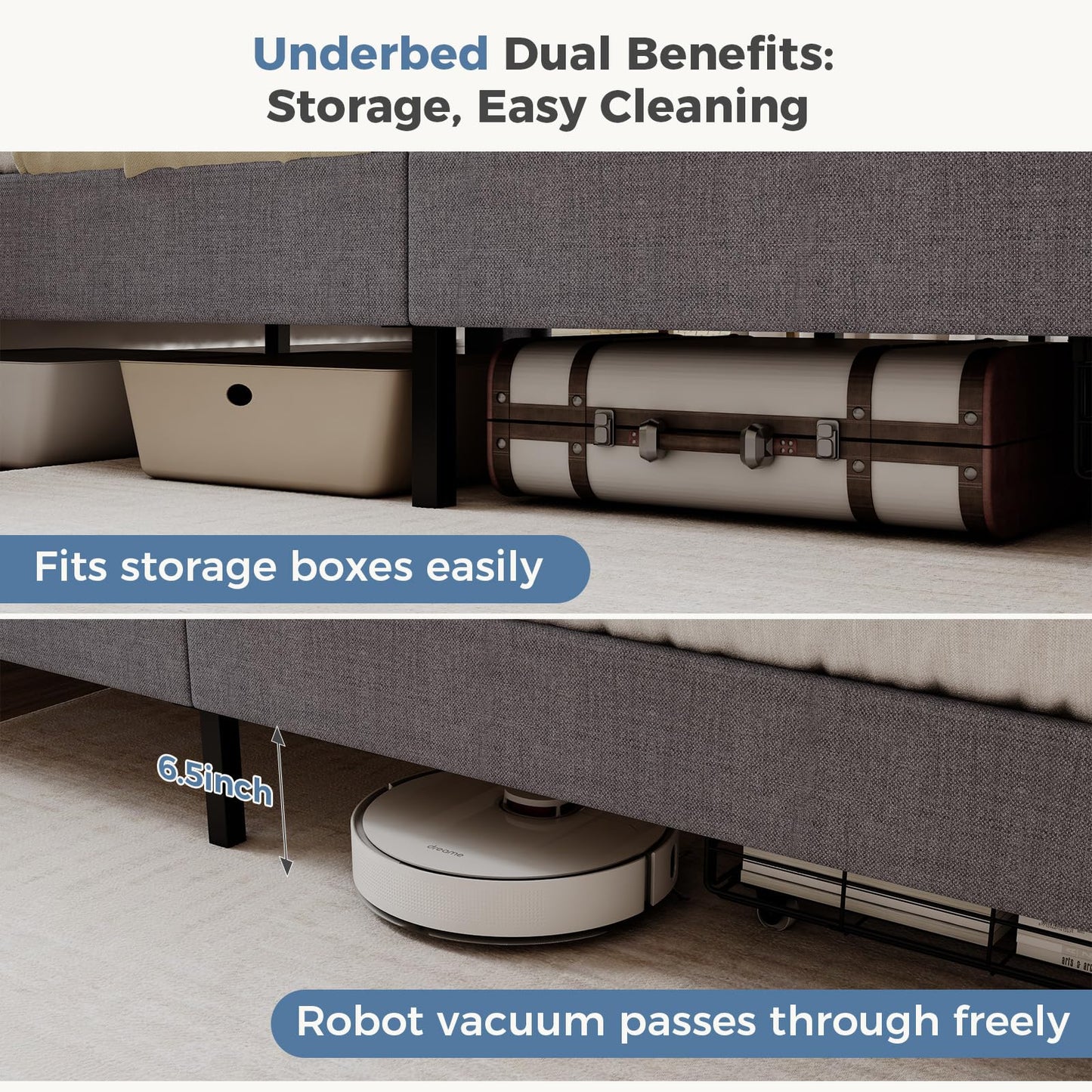 DUMOS Full Size Upholstered Platform Bed Frame, Full Bed with Storage Drawers and Fabric Headboard, Wooden Slats Support, 882 lbs Weight Capacity, No Box Spring Needed, Easy Assembly, Gray