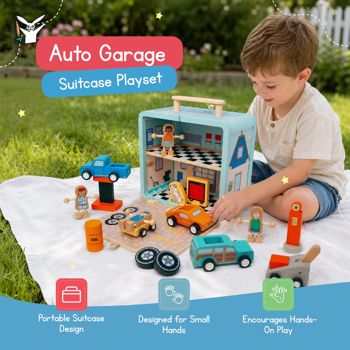 Jack Rabbit Creations Auto Garage Suitcase Playset, Portable Carry Case Style, Multicolor, 16 Eco-Friendly Wooden Figures, Mechanics, Cars & Car Lifts, Gas Pump, Oil Can, Tires, Travel Toy, Ages 3+