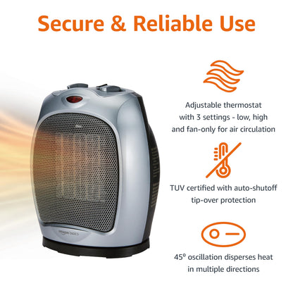 Amazon Basics Oscillating Ceramic Portable Indoor Space Heater, Fast Heating Technology, Overheat and Tip-Over Protection, Adjustable Thermostat, 1500W, 7.52"D x 6.34"W x 9.45"H, Silver