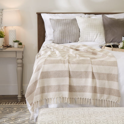 DII Rustic Farmhouse Cotton Cabana Striped Blanket Throw with Fringe, 50 x 60 - Cabana Striped Stone