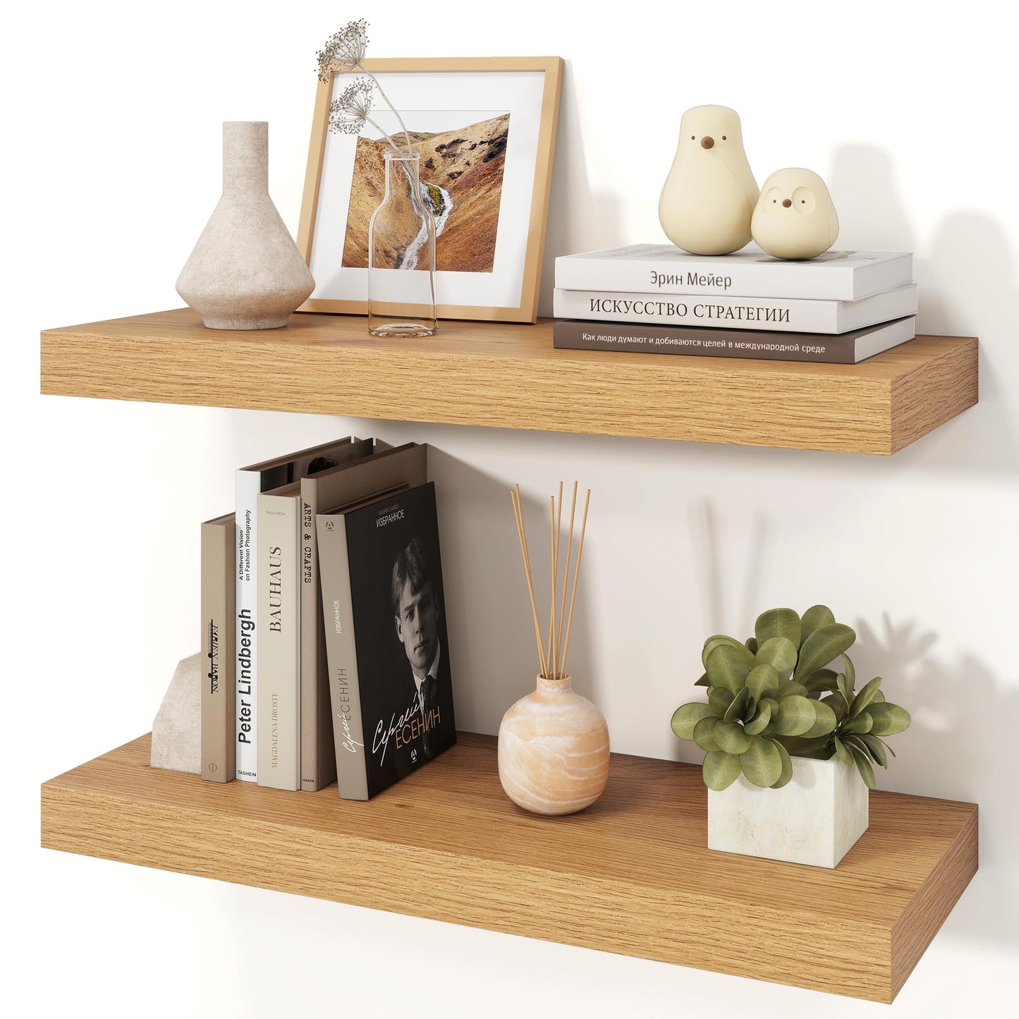 Ornawit Floating Shelves for Wall, 9.3" Deep Wall Mounted Wood Shelves for Bathroom, Bedroom, Living Room, Kitchen, Hanging Shelf for Books/Storage/Room Decor (Oak, 24")