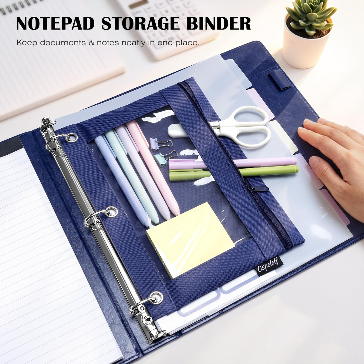 Ospelelf Leather 3 Ring Binder for Letter Size Documents with Durable Pocketed Dividers, Storage Bag & Notepad, 1 Inch Round Rings, Holds 175 Sheets, for Office School Home Organization, Deep Blue