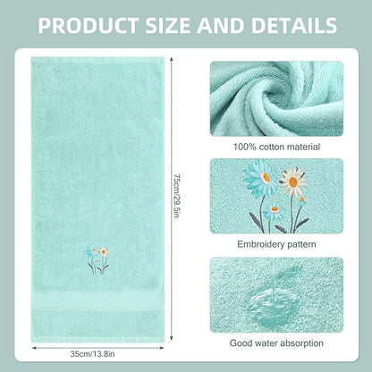 2 Pcs Daisy Hand Towels Teal Flower Bathroom Decor 14x29 Inch Embroidered 100%
