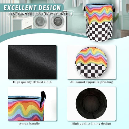 Rainbow Grey White Plaid Laundry Hamper Colorful Hippie Funny Laundry Basket