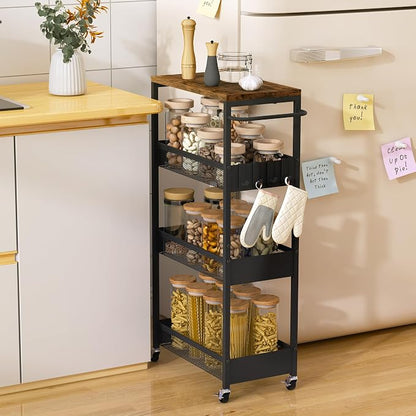 Vincona 9.1" Wide Slim Rolling Utility Cart, 4 Tier Metal Narrow Storage Cart with Handle and Wood Top, Multifunctional Small Mobile Shelf Unit Organizer Trolley for Laundry, Bathroom, Kitchen