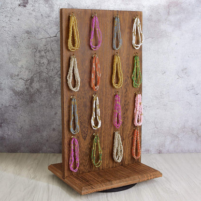 Ikee Design Wooden Rotating Two-Sided Jewelry Display Stand, Rotating Organizer with 32 Hooks for Store, Earring Keychain Display with Hooks, Brown color, 9 W x 7.5 D x 16.5 H in