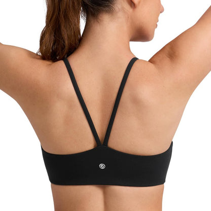 CRZ YOGA Butterlift Double Lined V Back Sports Bras for Women - Scoop Neck Spaghetti Strap Wireless Yoga Top Non Padded Black Small