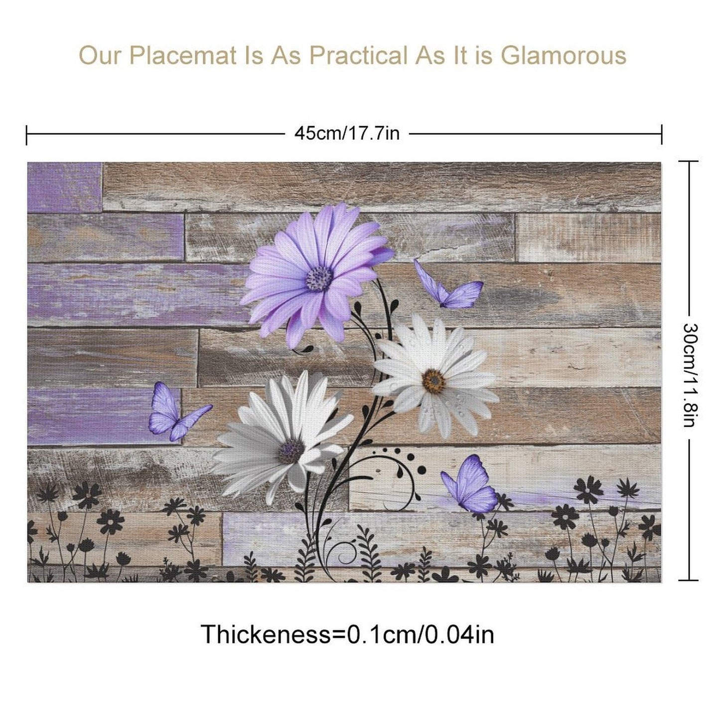 Daisy Placemats Set of 4, 12x18 Inch Farmhouse Daisy Floral Purple Butterfly Retro Wooden Plank Seasonal Spring Summer Holiday Farmhouse Coffee Table Mats for Party Kitchen Dining Decoration