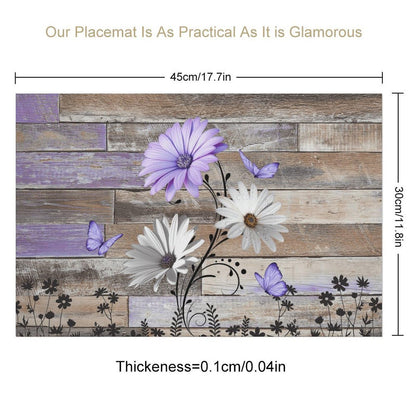 Daisy Placemats Set of 4, 12x18 Inch Farmhouse Daisy Floral Purple Butterfly Retro Wooden Plank Seasonal Spring Summer Holiday Farmhouse Coffee Table Mats for Party Kitchen Dining Decoration