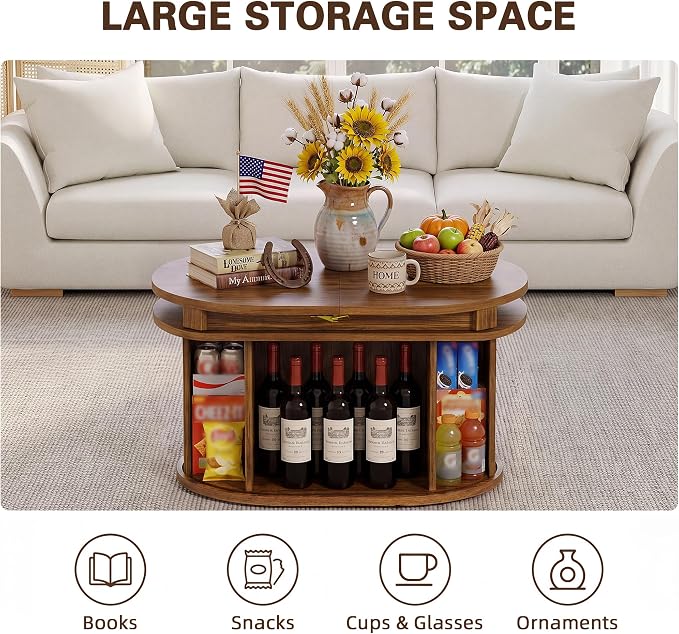 YESHOMY 45.2" Extendable Coffee Table with Storage, Fluted Oval Coffee Table with Sliding Door, Mid Century Modern Center Table for Living Room, Walnut