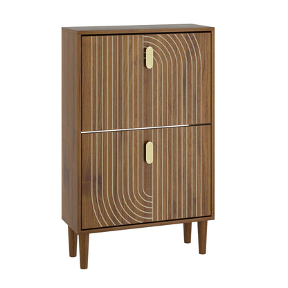 Smuxee Shoe Cabinet with 2 Flip Drawers, 23.6" Walnut Hidden Shoe Storage Cabinet with Line Groove Design, Freestanding Shoe Organizer Cabinet for Entryway, Hallway, Living Room