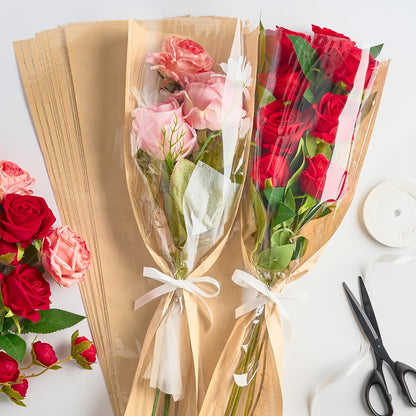 Mauproy 50 Pack Flower Bags for Bouquets, Flower Wrapping Paper Kraft Floral Wrap Sleeves with Ribbons for Graduation Florist Supplies Wedding (24.8 x 8.7 Inches)