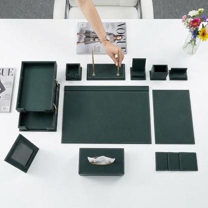RitPin Leather Desk Set, 15-Piece Leather Desk Organizer, Executive Desk Organizer with Desk Pad & Blotter, 2-Tier Tray, Pen Holder, Office Accessories, Executive Desk Accessories(Green)