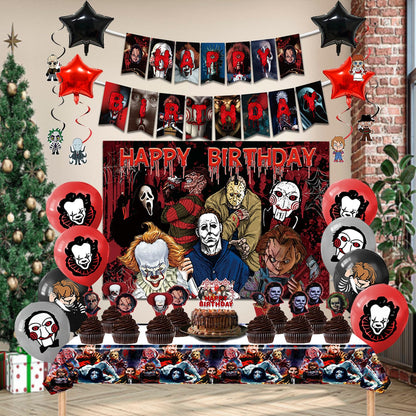 Mtgluk Horror Birthday Party Decorations Kit – 38 Pcs Halloween Themed Supplies with Banner, Backdrop, Tablecloth, Balloons & Cake Toppers for Spooky Celebrations