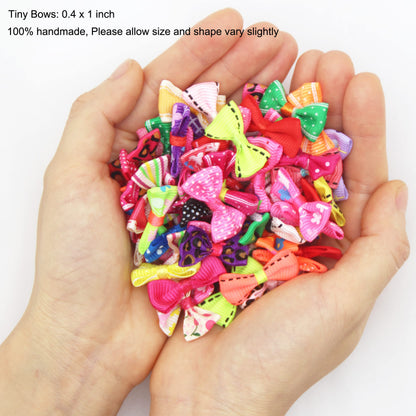 100Pcs Mix Style Mini Satin Ribbon Bows Ties Grosgrain Tiny Bows Little Bowknot Flower Embellishments for Craft Projects, Card Making, Sewing, Gift Wrapping (Colorful)