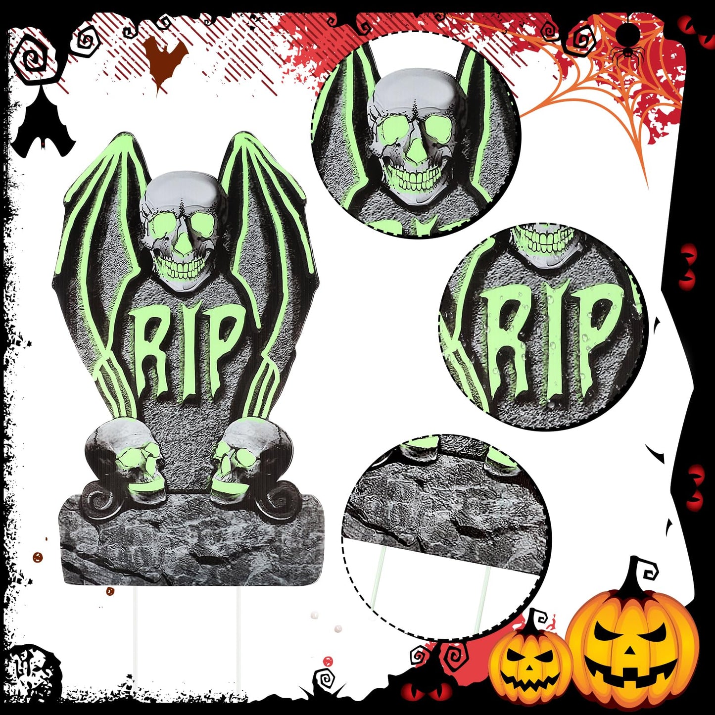 Larber 6pcs Glow in The Dark Tombstones with Stakes Large Halloween Tombstones Yard Signs Decor Waterproof RIP Headstones for Graveyard Halloween Lawn Garden Outdoor Indoor Decoration