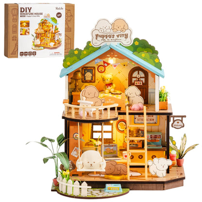 Rolife DIY Miniature House Kits Puppy's Cozy Villa, DIY Crafts for Adults Miniature Model Set, Tiny House Duplex Villa with Puppy, Hobbies & Birthday for Friends (230PCS)