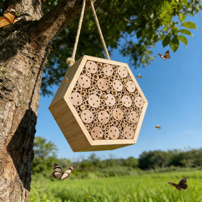 Dmnnlp Mason Bee House, Natural Wooden Hexagon Bee House with Metal Stake & Cleaning Brush, Hanging Bees Box Habitat to Attract Pollinators, Garden Decoration, Gift for Bee Lovers