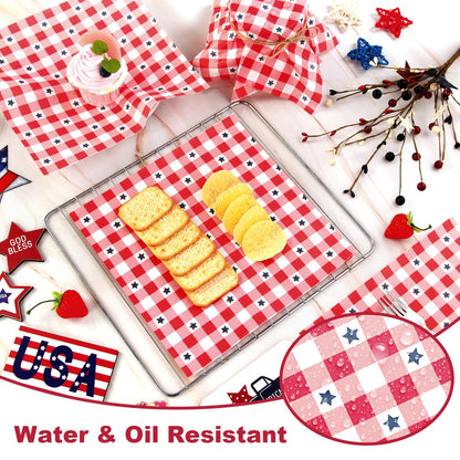 100 Pcs Patriotic Wax Paper for Food, 4th of July Red Plaid Blue Stars Parchment Decorative Oil-Proof Wrapping Basket Liners for Kitchen Party Supplies Cookie Box Dessert Deli Sandwich,9.8 x 9.8 Inch