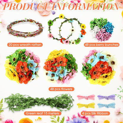 Zeyune 20 Sets Spring Tea Party Favor Flower Crowns Making Kit, Make Your Own Flower Crown Wreath Garland Headbands Craft Kit Handmade DIY Fairy Floral Hair Accessories Gift for Women