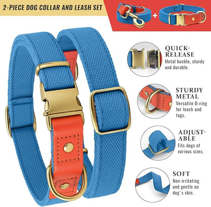 Dog Collar and Leash Set with Metal Quick Release Buckle, Adjustable, Breathable Nylon, Durable, Soft and Comfortable, No Pull for Walking and Training, Blue, XL (16.9"-26")