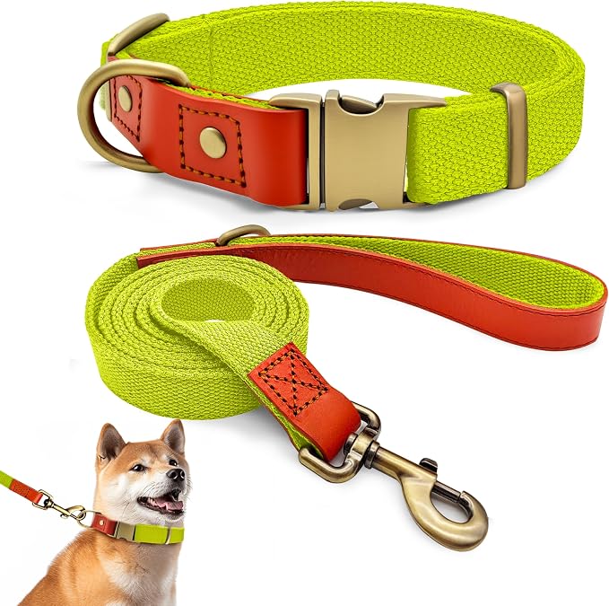 Dog Collar and Leash Set with Metal Quick Release Buckle, Adjustable, Breathable Nylon, Durable, Soft and Comfortable, No Pull for Walking and Training, Fluorescent Yellow, L (14.9"-22.8")