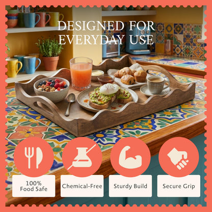 Mela Artisans 14” x 10” x 2.5” Mango Wood Serving Tray with Handles – Ottoman Scallop White Burnt – Medium Handcrafted Wooden Serving Board for Breakfast, Coffee & Home Décor