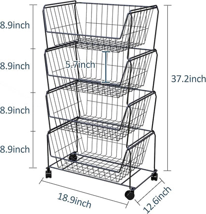 PUSDON 4-Tier Large Stackable Wire Storage Baskets with Wheels, Metal Rolling Utility Cart Organizer, Produce Basket for Kitchen Pantry, Floor Shelf, Matte Black