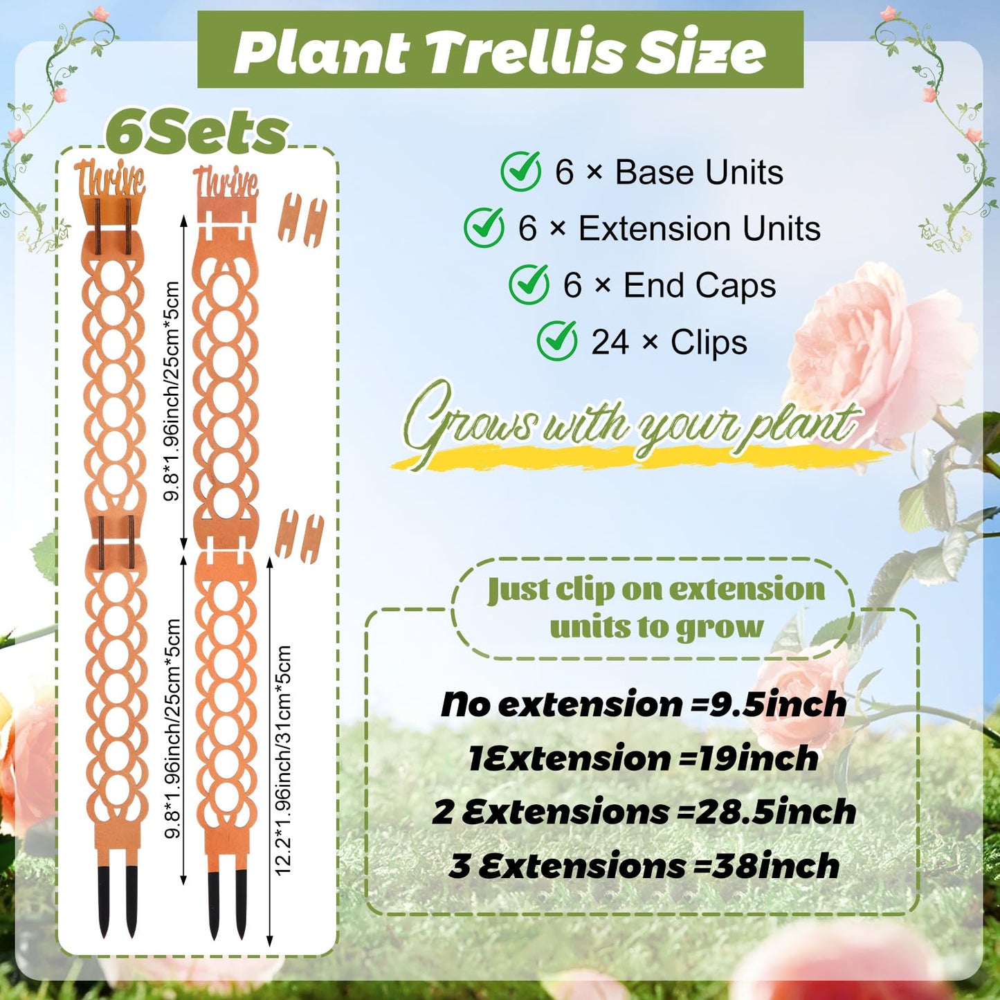 Otoolling 6 Sets Wooden Extendable Plants Trellis Indoor Modular Plant Trellis with Wood Thrive Sign Decor and Extensions for Outdoor Climbing Houseplants Vine Flower Stem (Ring)