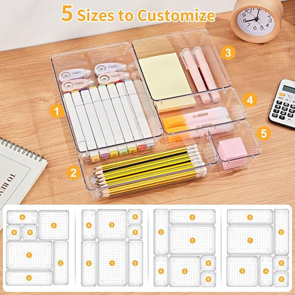 SMARTAKE 22-Piece Drawer Organizer with Non-Slip Silicone Pads, 5-Size Clear Desk Drawer Organizer Trays Storage Tray for Makeup, Jewelries, Utensils in Bedroom Dresser, Office and Kitchen, Clear