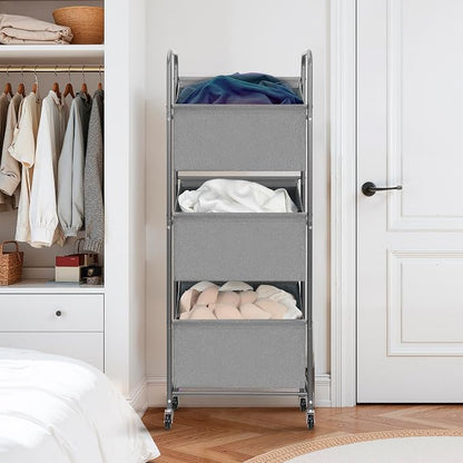 STO STO 3-Tier Vertical Laundry Hamper with Wheels, 120L Rolling Laundry Sorter with 3 Removable Waterproof Lined Bags, Rust-Resistant Steel Frame for Small Spaces, Apartment, Dorm, Gray Fabric
