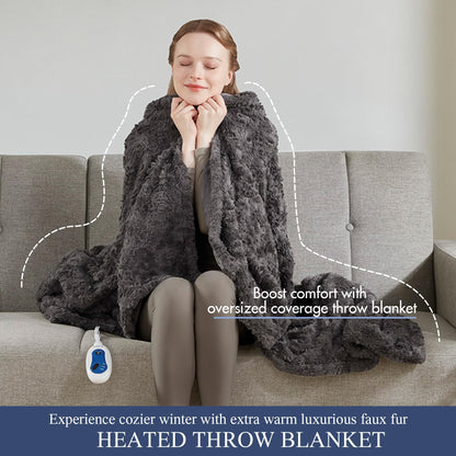 Beautyrest Zuri Reversible Faux Fur to Mink Electric Blanket, Auto Shut Off, Virtually Zero EMF, Multi Heat Setting, UL Certified, Machine Washable, Natural Marble Throw 50x70