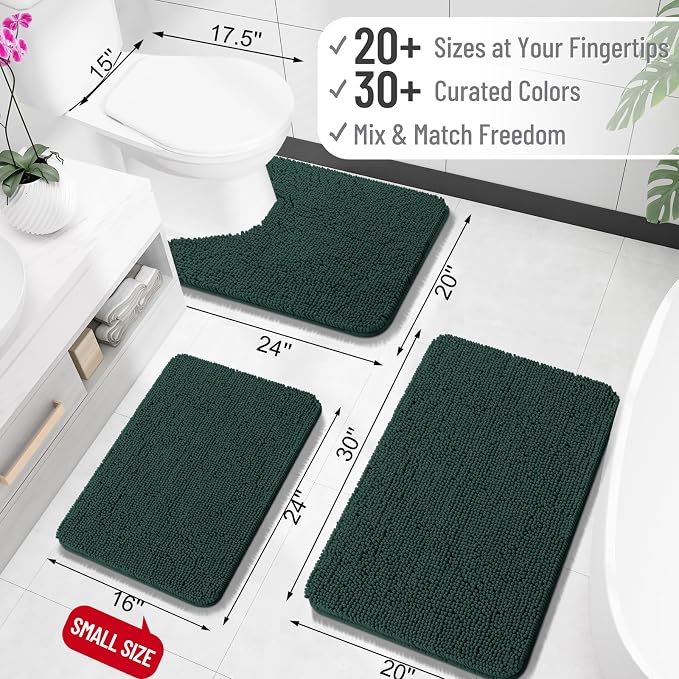 OLANLY Toilet Rugs U-Shaped 20x20, Extra Soft Absorbent Chenille Contour Bathroom Rugs for Toilet, Dry Quickly, Machine Washable, Non-Slip Bath Mat, Blackish Green