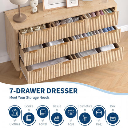 IDEALHOUSE Dresser 1-Piece 7-Drawer Fluted Wooden Chest with Gold-Tone Metal Handles, Iron Frame Base, Wide Storage Organizer and TV Stand for Bedroom Living Room Entryway, Light Oak