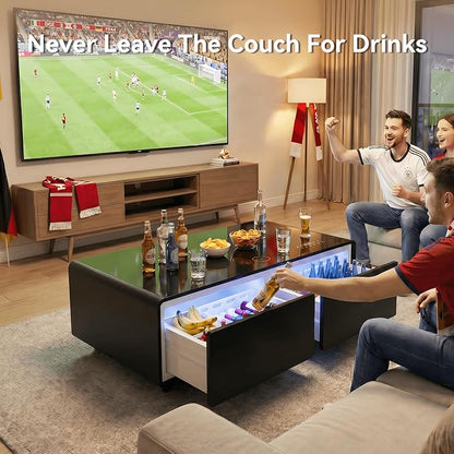LIVTAB Smart Coffee Table, 27.8" D x 51" W x 18.1" H, Living Room Table with Built in Fridge and Speakers, Smart Table with 15W Wireless Charging, USB Chargers and 110V Outlets (Black)