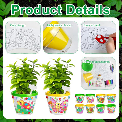Cinrobiye 12 Set Garden Pot Craft Kit, DIY Paintable Flower Pots Bulk Small Planter Kit with Stickers Plant Labels for Spring Gardening Activities Party Craft Supplies
