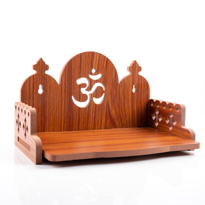 Tarini Gallery Wooden Wall Mounted Hanging Table top Temple Pooja Mandir God Stand Shelf for Storage and Idols Decoration for Home Office and Gifting (Brown- Om Design2)