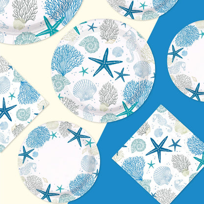 Greencian 250Pcs Ocean Coastal Party Decorations Blue Seashell Starfish Coral Plates Napkins Cups Beach Ocean Sea Tableware Set for Summer Beach Holiday Birthday Dinner Party Supplies Serves 50
