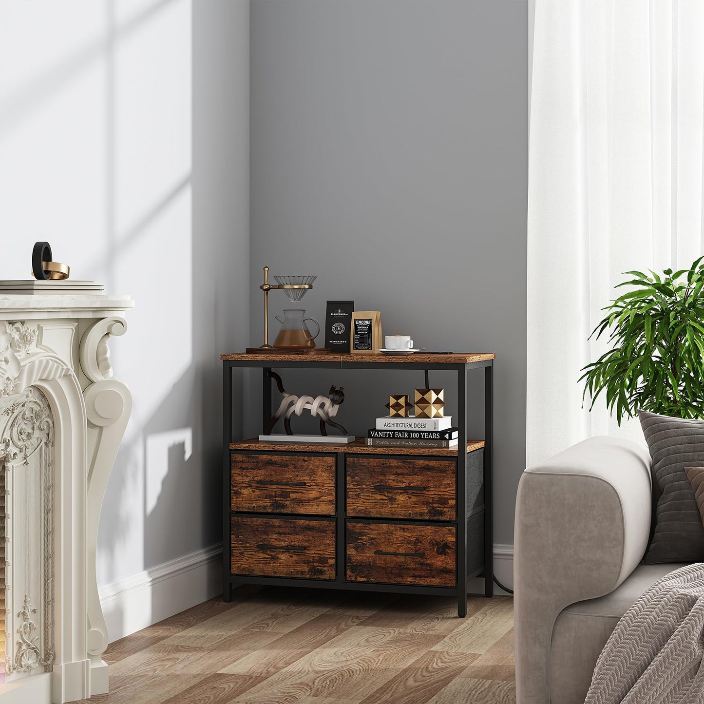 TUTOTAK Large Night Stand with Charging Station, Nightstand with USB and Type-C Port, Bedside Table with Cloth Drawers, End Table for Livingroom, Bedroom, Brown TB01BB081
