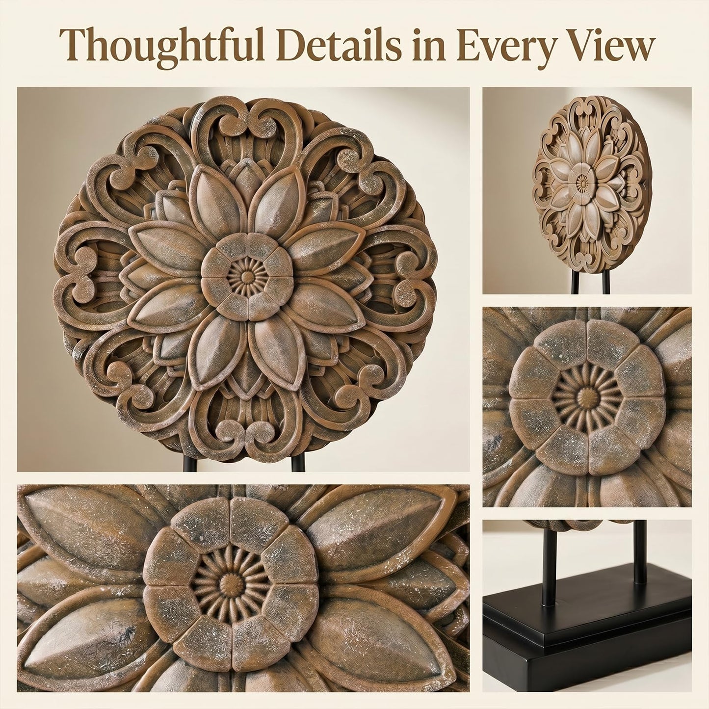 Brown Farmhouse Table top Sculpture Above Cabinet Decor Kitchen, Boho Carving Knick Knacks Shelf Decor Accent, Round Statue for Credenza Bookshelf Rustic Shabby Chic Center Pieces Decoration