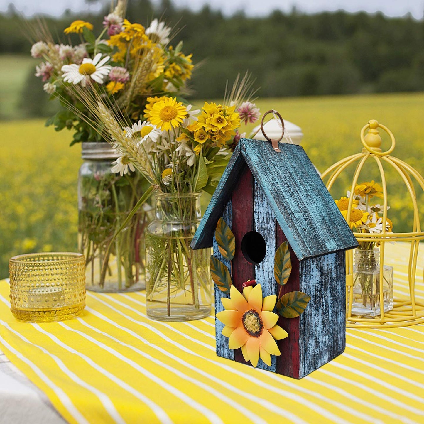 Wood Decorative Bird House for Outside Hanging Hummingbird House, Wooden Hand Painted Small Bird House Outdoors Garden Décor, Hanging Bird House for Finch Bluebird Wren Chickadee (Blue)