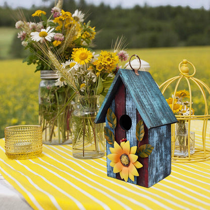 Wood Decorative Bird House for Outside Hanging Hummingbird House, Wooden Hand Painted Small Bird House Outdoors Garden Décor, Hanging Bird House for Finch Bluebird Wren Chickadee (Blue)