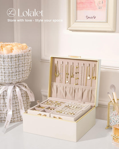 Lolalet Jewelry Box Organizer for Women Girls, 2 Layer Jewelry Organizers and Storage for Necklace Earrings Rings Bracelets, Large Jewellery Holder Case Birthday Gifts -Cream