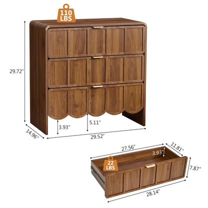 ORRD 3 Drawer Dresser for Bedroom, Modern Closet Chest of Drawers with Wave Fluted Drawer, Wood Storage Small Dresser Organizer for Nursery Bedroom Living Room Hallway Closet (Walnut)