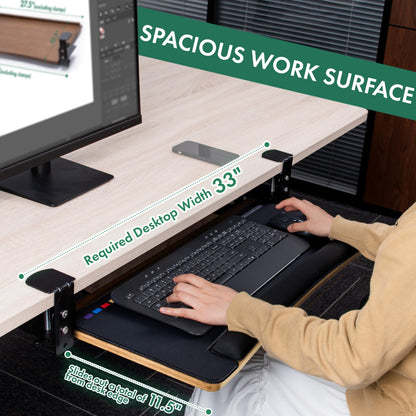 D'vine Dev Keyboard Tray Under Desk with Wrist Rest, Bamboo Wood Keyboard Drawer with Full Size Keyboard and Mouse Pad, Original Wood, KBTY-1