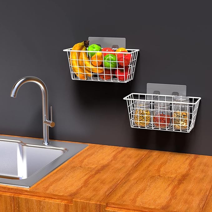MaraFansie Wall Wire Baskets Bin No Drilling Adhesive Hanging Baskets Wall