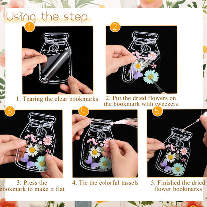 TaoBary 152 Pcs DIY Transparent Dried Flower Bookmark Set Handmade DIY Bookmarks with Dried Pressed Flowers Leaves Butterfly Stickers Colorful Tassels and Tweezers for Reader Writer(Macaron Color)