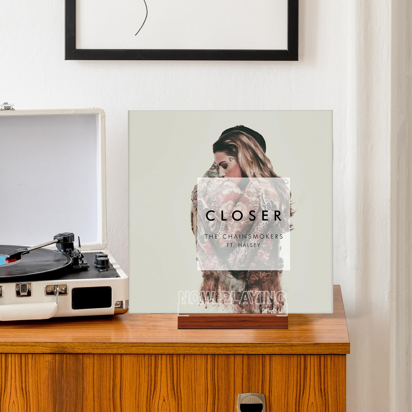 CoolGift Mart Now Playing Vinyl Record Stand, Light up Record Holder, Wooden Acrylic Display with Warm White Lights for Albums, Room Decor, for Vinyl Lovers