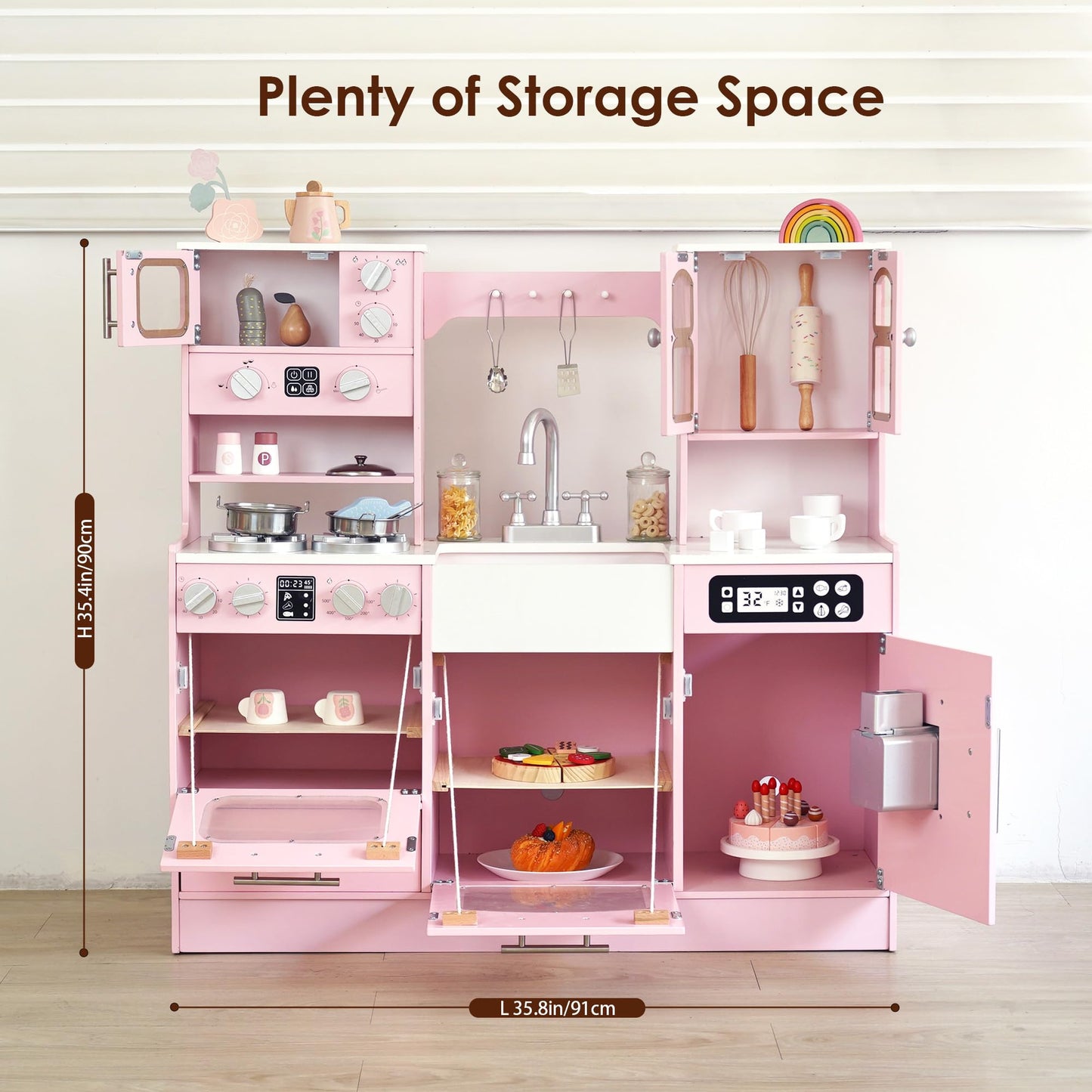 Wooden Play Kitchen for Toddlers and Kids with Lights & Sounds, Large Interactive Pretend Play Set with Ice Maker, Stove, Sink, Oven, 12 Accessories - Ages 3-8